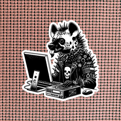 Punk Rock Hyena on Computer Sticker, Cyberpunk Hyena with Tech Sticker, Weirdcore Weird Stuff, Original Steampunk Warcore Art