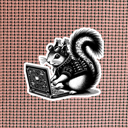Punk Rock Squirrel on Computer Sticker, Cyberpunk Squirrel with Tech Sticker, Weirdcore Weird Stuff, Original Steampunk Warcore Art