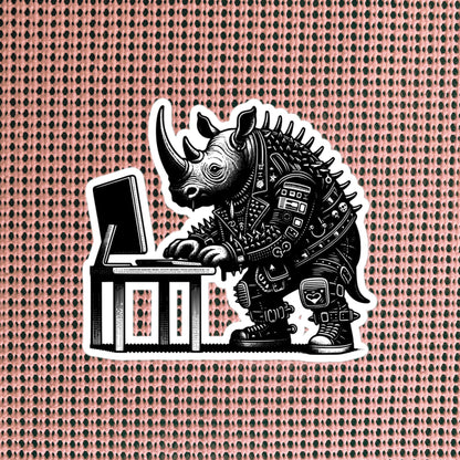 Punk Rock Rhino on Computer Sticker, Cyberpunk Rhinoceros with Tech Sticker, Weirdcore Weird Stuff, Original Steampunk Warcore Art