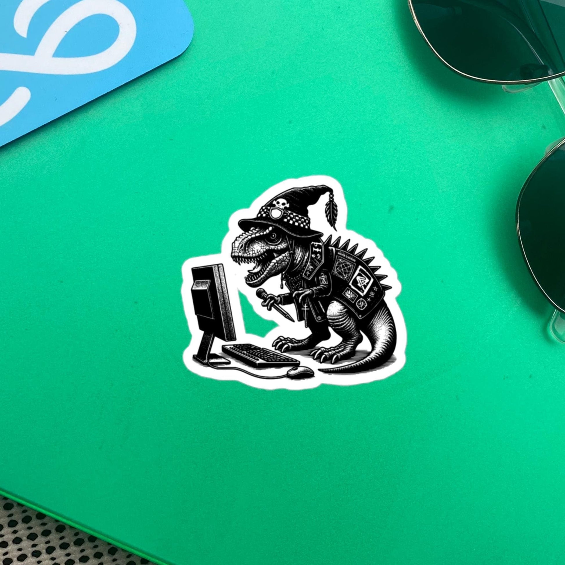 Punk Rock T-Rex on Computer Sticker, Cyberpunk Dinosaur with Tech Sticker, Weirdcore Weird Stuff, Original Steampunk Warcore Art