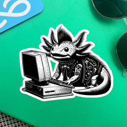 Punk Rock Axolotl on Computer Sticker, Cyberpunk Axolotl with Tech Sticker, Weirdcore Weird Stuff, Original Steampunk Warcore Art