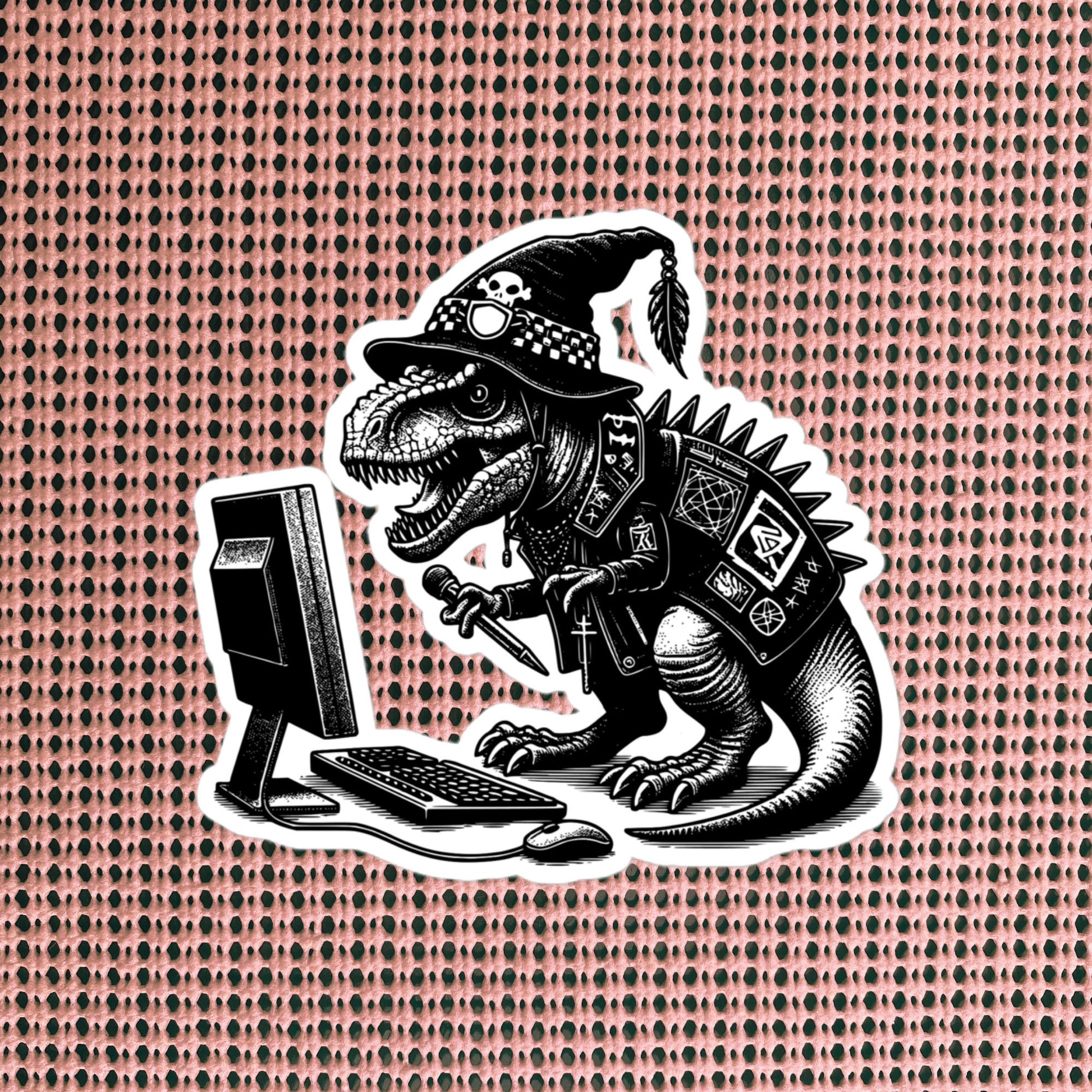 Punk Rock T-Rex on Computer Sticker, Cyberpunk Dinosaur with Tech Sticker, Weirdcore Weird Stuff, Original Steampunk Warcore Art