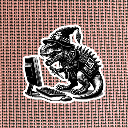 Punk Rock T-Rex on Computer Sticker, Cyberpunk Dinosaur with Tech Sticker, Weirdcore Weird Stuff, Original Steampunk Warcore Art