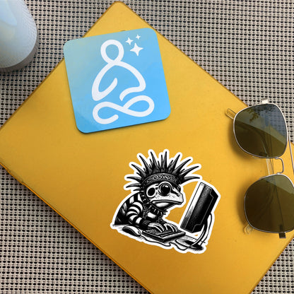 Punk Rock Frog on Computer Sticker, Cyberpunk Frog with Tech Sticker, Weirdcore Weird Stuff, Original Steampunk Warcore Art