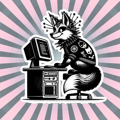 Punk Rock Fox on Computer Sticker, Cyberpunk Fox with Tech Sticker, Weirdcore Weird Stuff, Original Steampunk Warcore Art