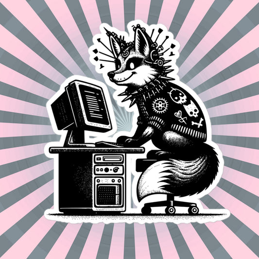 Punk Rock Fox on Computer Sticker, Cyberpunk Fox with Tech Sticker, Weirdcore Weird Stuff, Original Steampunk Warcore Art