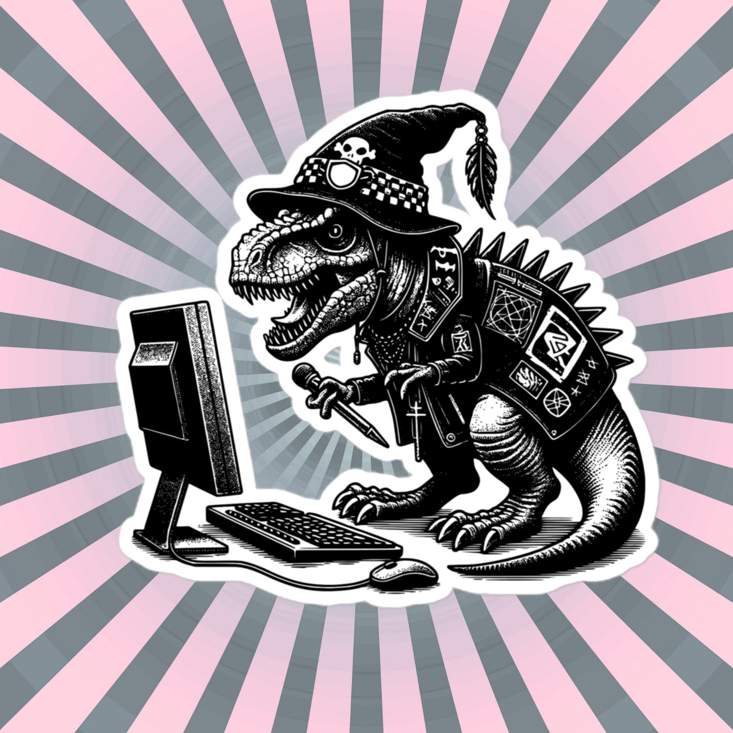 Punk Rock T-Rex on Computer Sticker, Cyberpunk Dinosaur with Tech Sticker, Weirdcore Weird Stuff, Original Steampunk Warcore Art