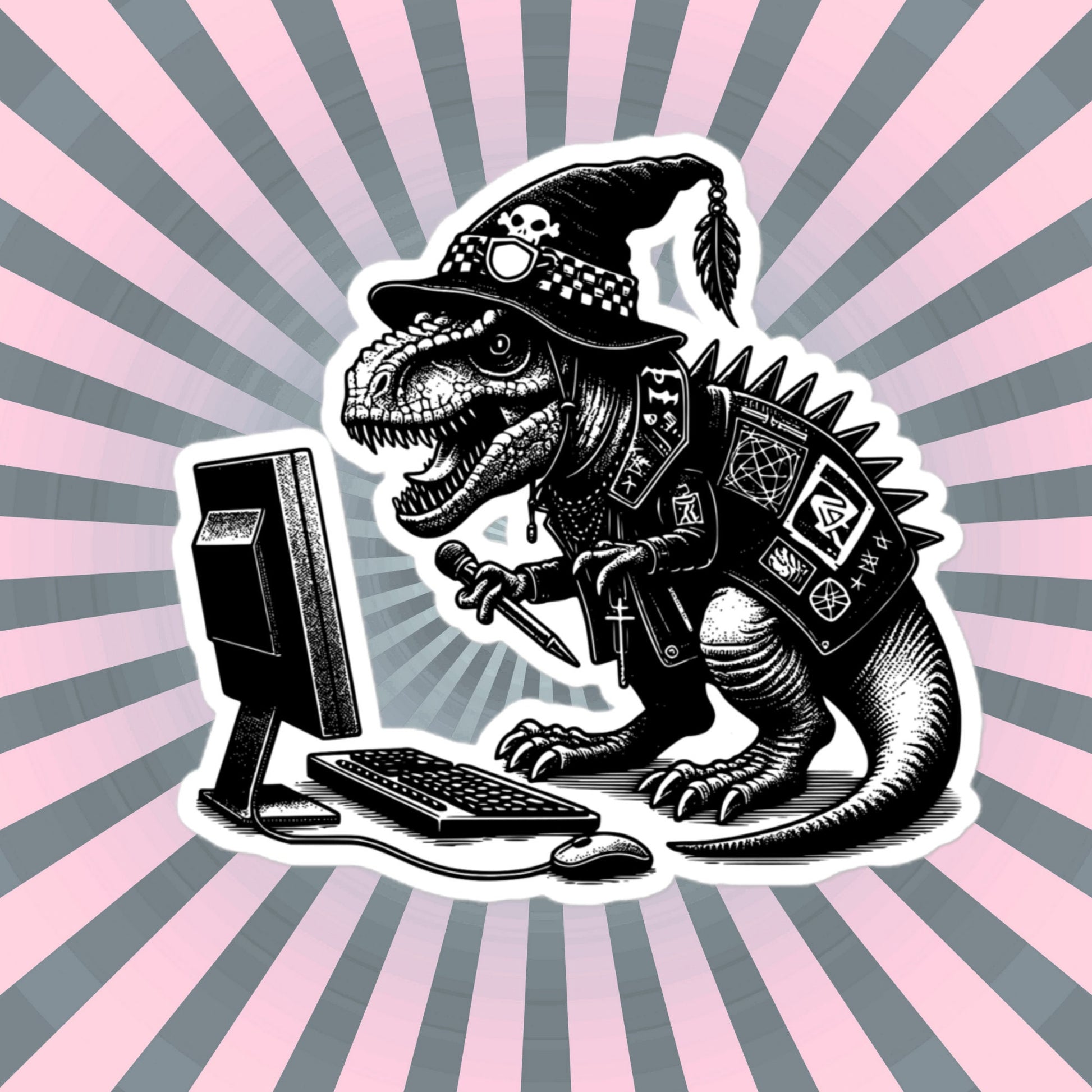 Punk Rock T-Rex on Computer Sticker, Cyberpunk Dinosaur with Tech Sticker, Weirdcore Weird Stuff, Original Steampunk Warcore Art