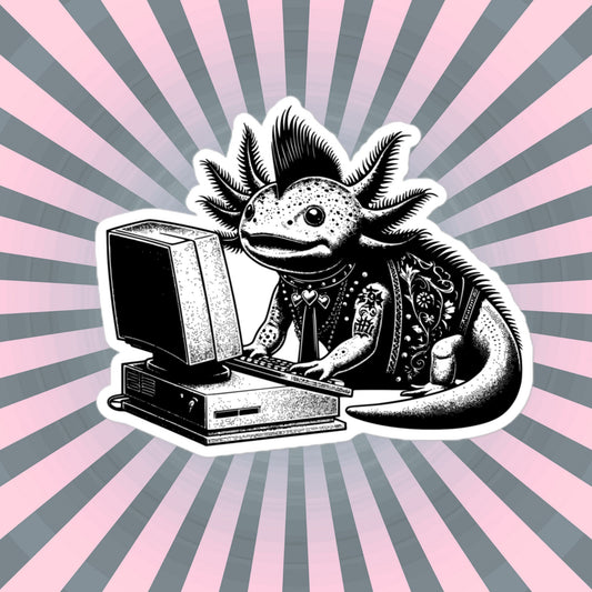Punk Rock Axolotl on Computer Sticker, Cyberpunk Axolotl with Tech Sticker, Weirdcore Weird Stuff, Original Steampunk Warcore Art