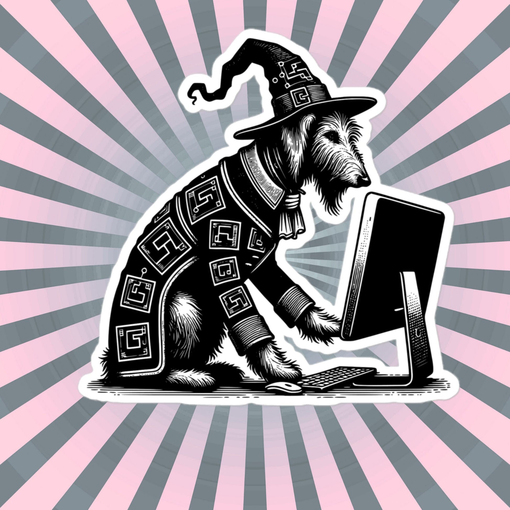 Punk Rock Irish Wolfhound on Computer Sticker, Cyberpunk Dog with Tech Sticker, Weirdcore Weird Stuff, Original Steampunk Art Unique Gift