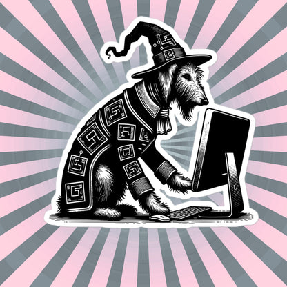 Punk Rock Irish Wolfhound on Computer Sticker, Cyberpunk Dog with Tech Sticker, Weirdcore Weird Stuff, Original Steampunk Art Unique Gift