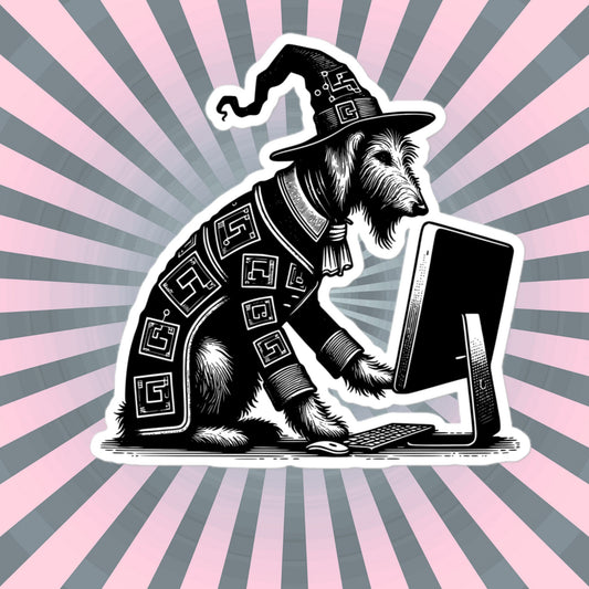 Punk Rock Irish Wolfhound on Computer Sticker, Cyberpunk Dog with Tech Sticker, Weirdcore Weird Stuff, Original Steampunk Art Unique Gift