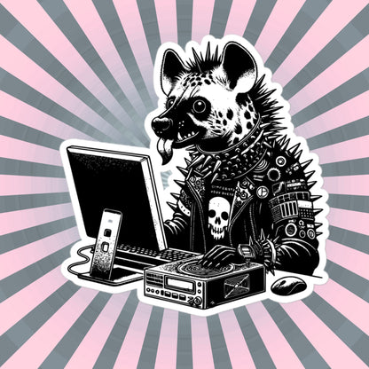 Punk Rock Hyena on Computer Sticker, Cyberpunk Hyena with Tech Sticker, Weirdcore Weird Stuff, Original Steampunk Warcore Art
