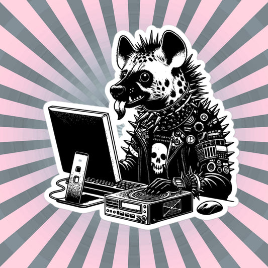 Punk Rock Hyena on Computer Sticker, Cyberpunk Hyena with Tech Sticker, Weirdcore Weird Stuff, Original Steampunk Warcore Art