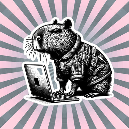 Punk Rock Capybara on Computer Sticker, Cyberpunk Capybara with Tech Sticker, Weirdcore Weird Stuff, Original Steampunk Art Unique Gift