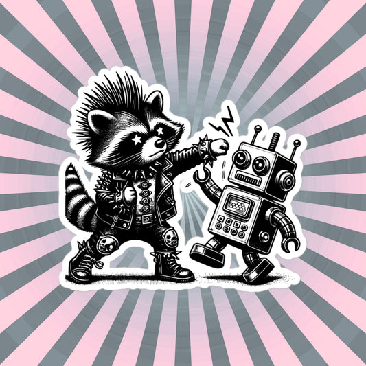 Punk Rock Raccoon Fighting Robot Sticker, Weirdcore Raccoon vs Machine Sticker, Original Design Weird Stuff Gift