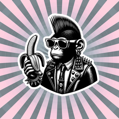 Punk Rock Monkey with Banana Energy Sticker, Weirdcore Cyberpunk Chimp Sticker, Original Design Unique Sticker Weird Stuff Gift