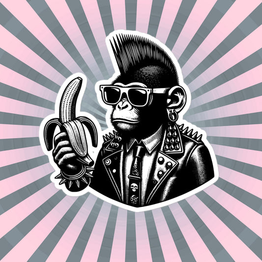 Punk Rock Monkey with Banana Energy Sticker, Weirdcore Cyberpunk Chimp Sticker, Original Design Unique Sticker Weird Stuff Gift
