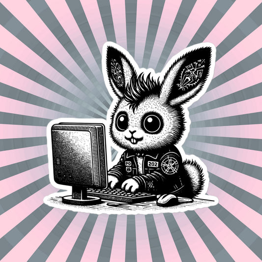Punk Rock Bunny on Computer Sticker, Cyberpunk Rabbit with Tech Sticker, Weirdcore Weird Stuff, Original Design Gift