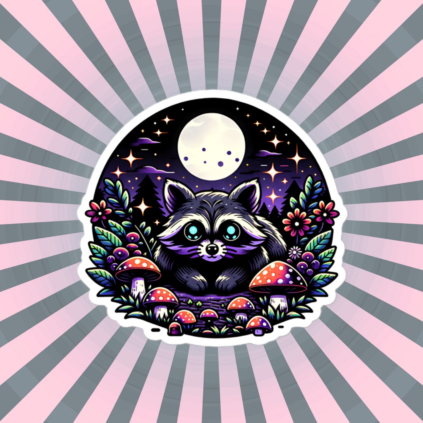 Cute Whimsigoth Raccoon Under Moonlight in Mushrooms Vinyl Sticker Original Art