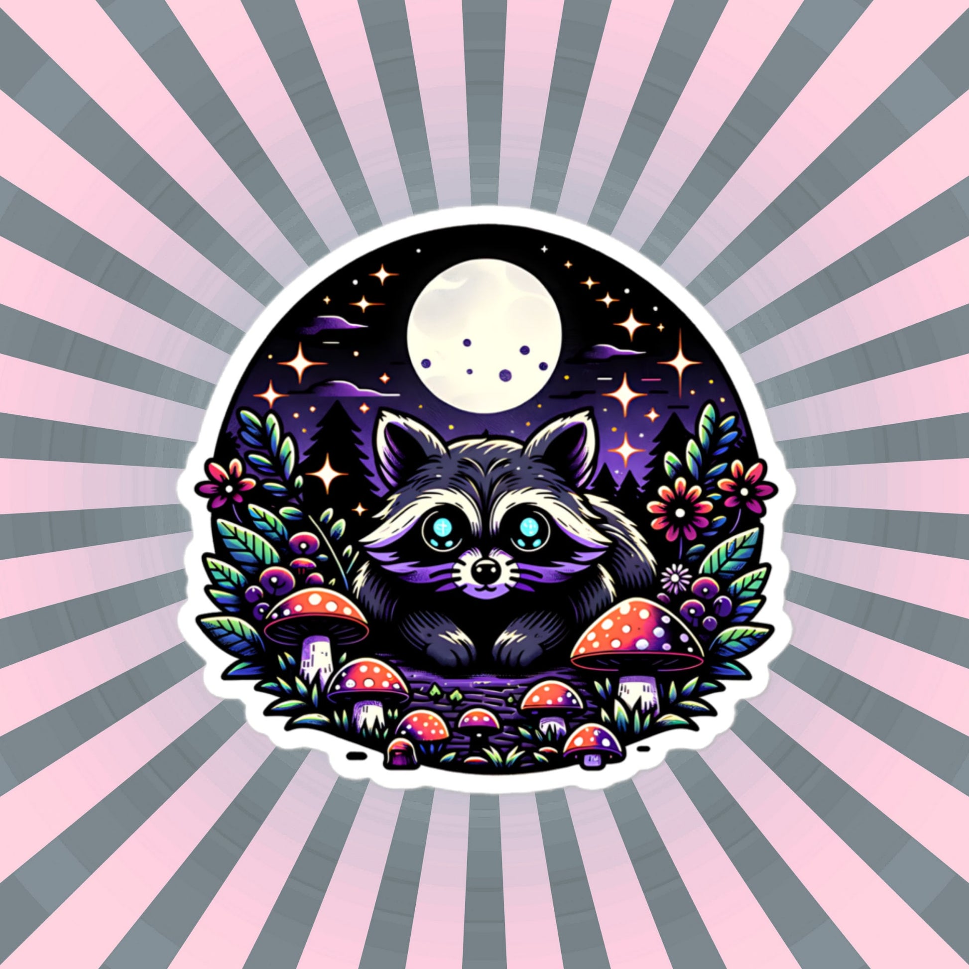 Cute Whimsigoth Raccoon Under Moonlight in Mushrooms Vinyl Sticker Original Art