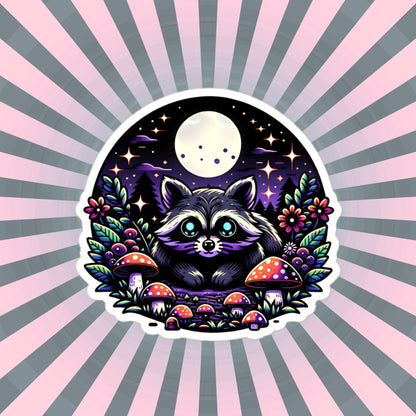Cute Whimsigoth Raccoon Under Moonlight in Mushrooms Vinyl Sticker Original Art