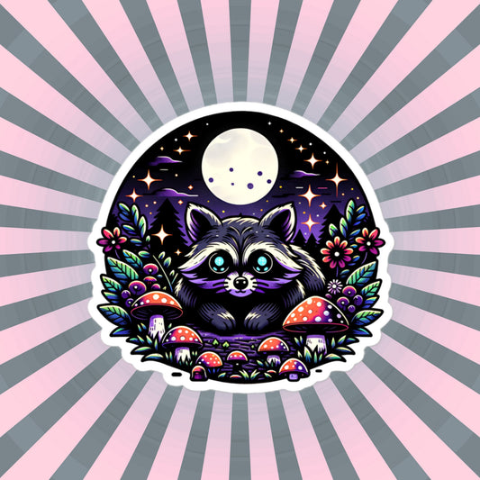 Cute Whimsigoth Raccoon Under Moonlight in Mushrooms Vinyl Sticker Original Art