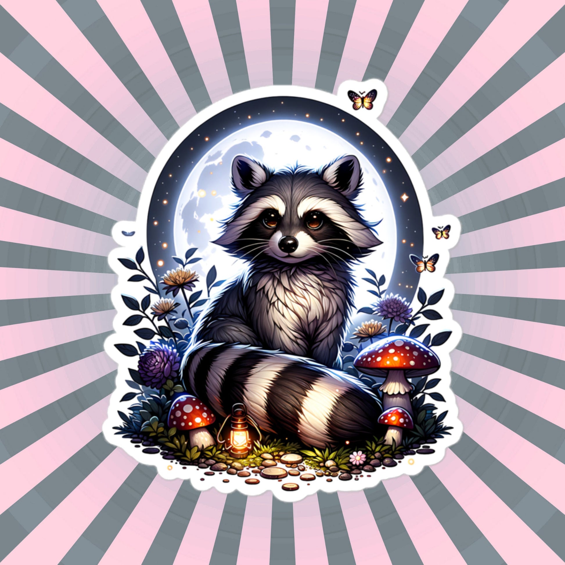 Whimsigoth Dreamcore Raccoon In Moonlight Mushrooms and Moths Original Art Unique Vinyl Sticker