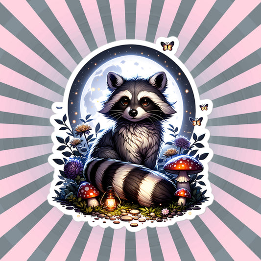 Whimsigoth Dreamcore Raccoon In Moonlight Mushrooms and Moths Original Art Unique Vinyl Sticker