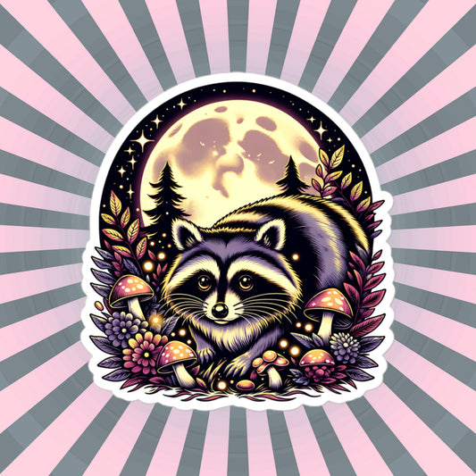 Cute Chubby Resting Raccoon in Mushrooms Under Moon Whimsigoth Dreamcore Vinyl Sticker