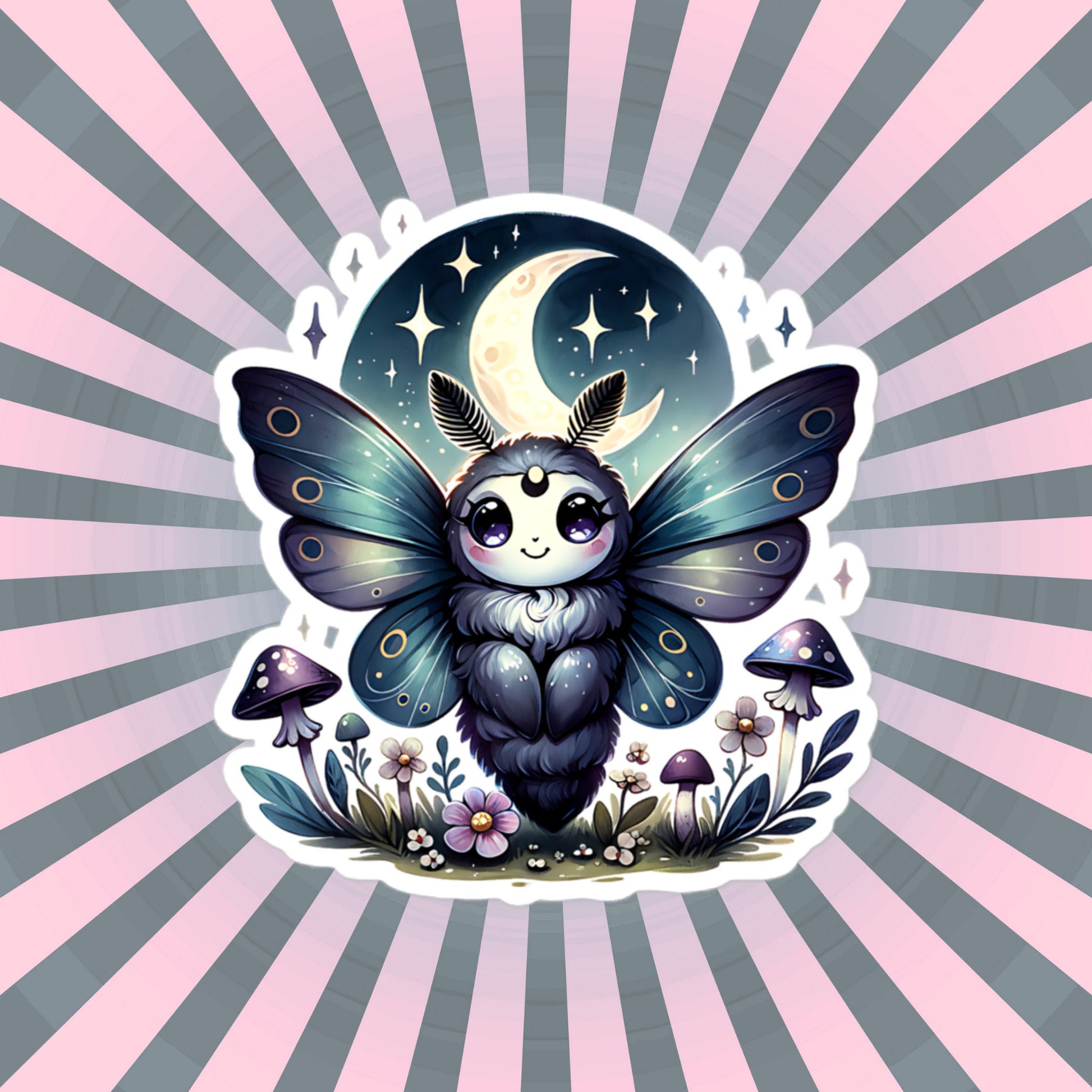 Cute Pastel Goth Chubby Luna Moth Sticker, Weirdcore Whimsigoth Original Art Vinyl Sticker