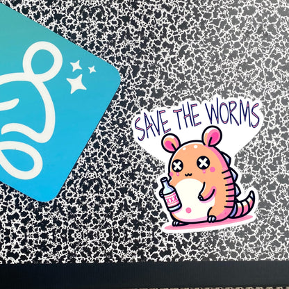Weirdcore Pastel Goth Grunge Cute Armadillo Vinyl Sticker Save The Worms Oddcore Waterproof Sticker, Weird Stuff Unique Gift
