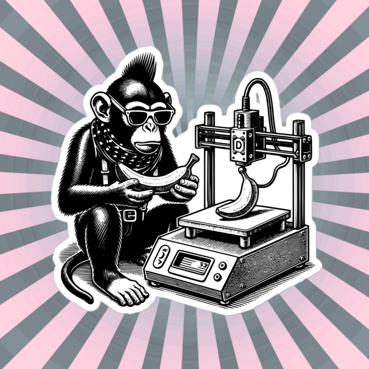 Cyber Goth Punk Monkey 3D Printing Banana Sticker, Weirdcore Animal Vinyl Waterproof Weird Sticker for Tumblers, Bumpers, Books & Crafts