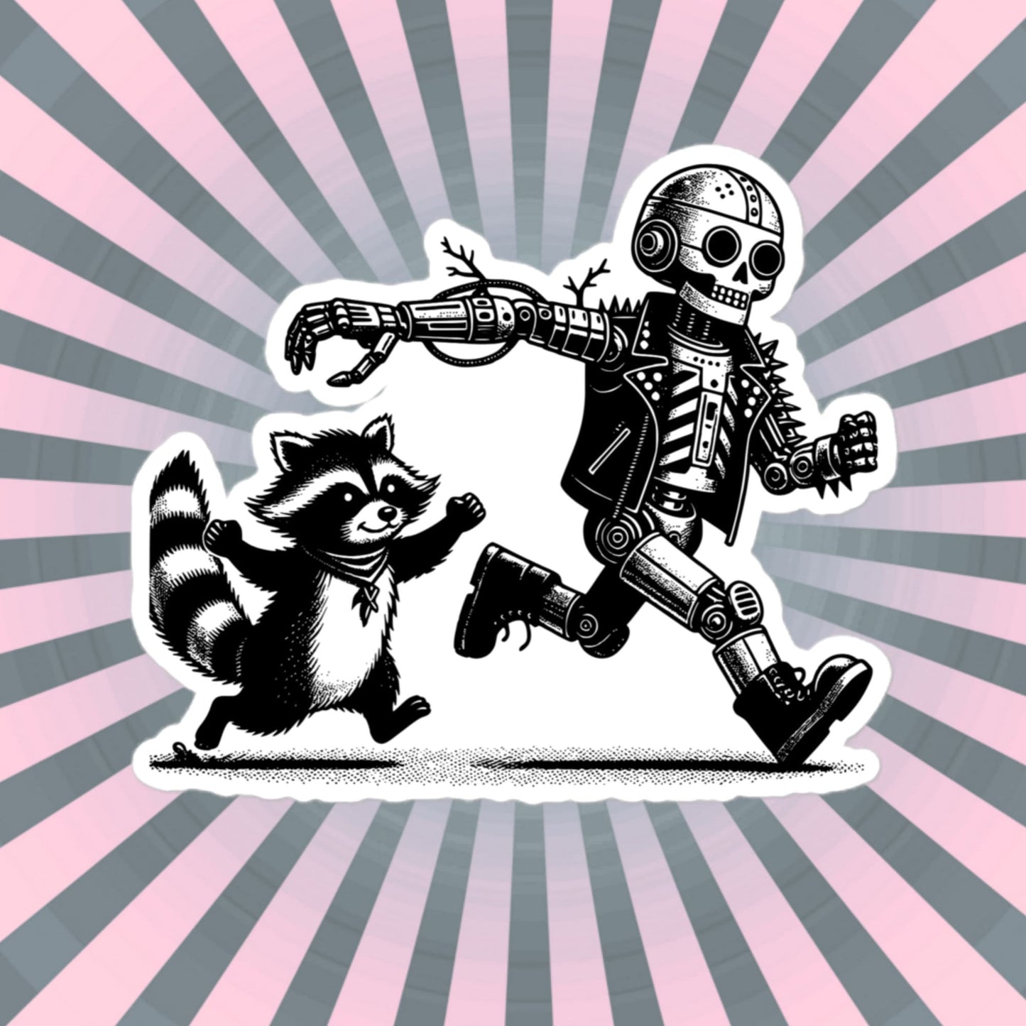 Cyber Goth Punk Raccoon Chasing Robot Sticker, Weirdcore Animal Vinyl Waterproof Weird Sticker for Tumblers, Bumpers, Books & Crafts