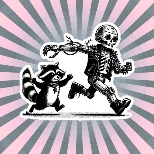 Cyber Goth Punk Raccoon Chasing Robot Sticker, Weirdcore Animal Vinyl Waterproof Weird Sticker for Tumblers, Bumpers, Books & Crafts