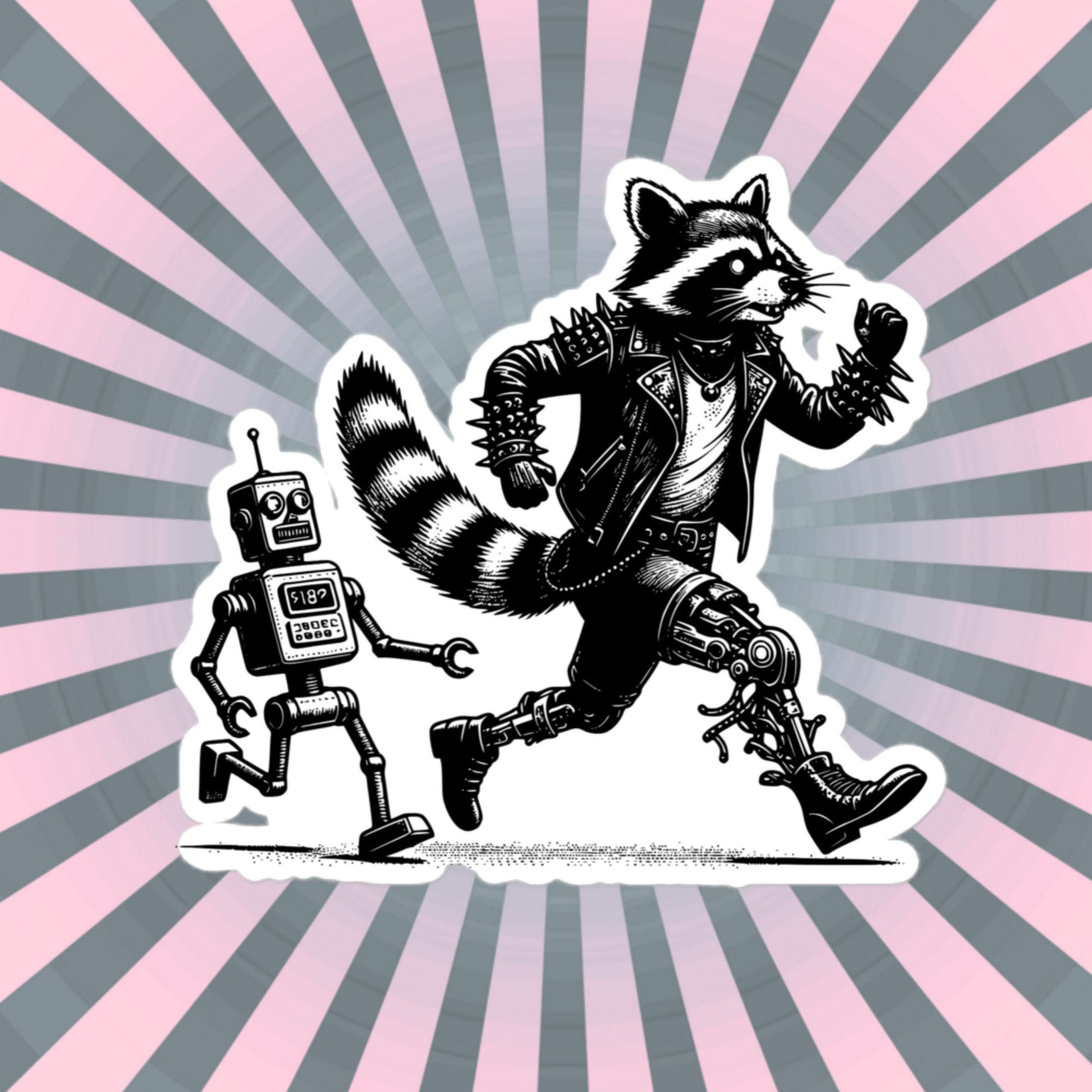 Cyber Goth Punk Robot Chasing Raccoon Sticker, Weirdcore Animal Vinyl Waterproof Weird Sticker for Tumblers, Bumpers, Books & Crafts