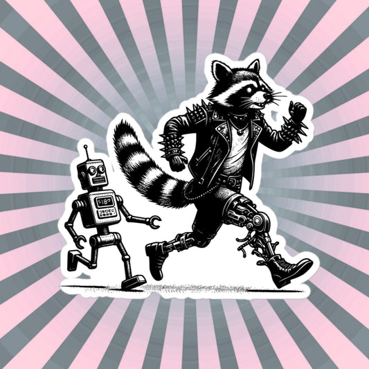 Cyber Goth Punk Robot Chasing Raccoon Sticker, Weirdcore Animal Vinyl Waterproof Weird Sticker for Tumblers, Bumpers, Books & Crafts