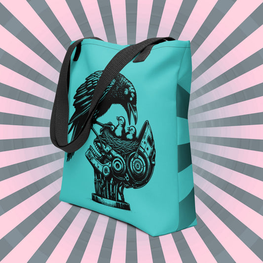 Aqua Blue & Black Pastel Goth Grunge Punk Raven Nest Robot Tote Bag Animal vs Tech Gothic DreamSage Tote Bag