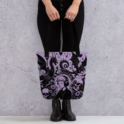 PURPLE Gothic Grunge Pastel Goth Drowning Out The Demons Tote Bag, Ventcore Darkcore Weird Stuff Dark Aesthetic Tote Bag