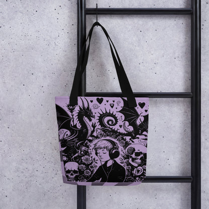PURPLE Gothic Grunge Pastel Goth Drowning Out The Demons Tote Bag, Ventcore Darkcore Weird Stuff Dark Aesthetic Tote Bag