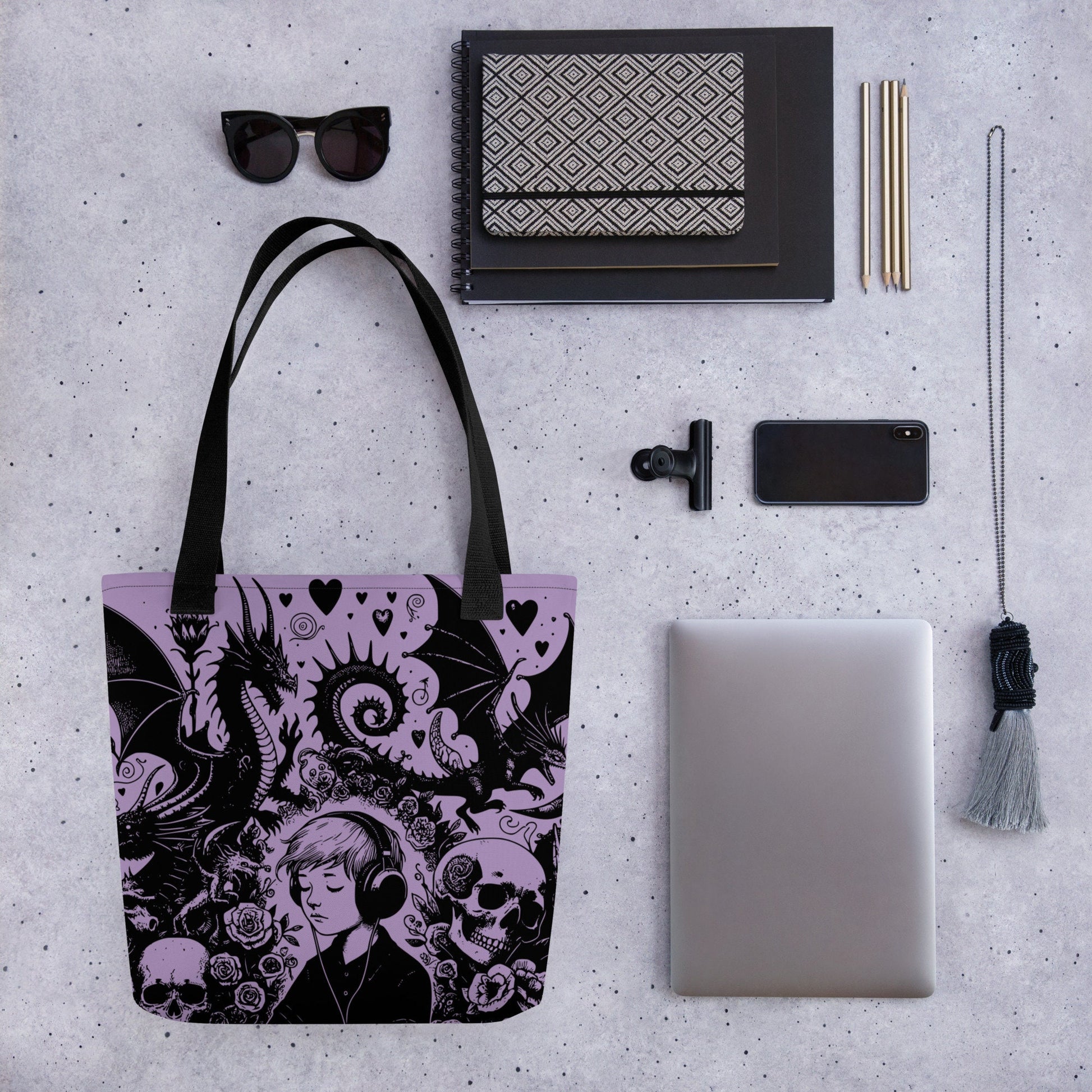 PURPLE Gothic Grunge Pastel Goth Drowning Out The Demons Tote Bag, Ventcore Darkcore Weird Stuff Dark Aesthetic Tote Bag