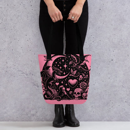 PINK Gothic Grunge Pastel Goth Moon Gazer Tote Bag, Ventcore Darkcore Weird Stuff Dark Aesthetic Tote Bag