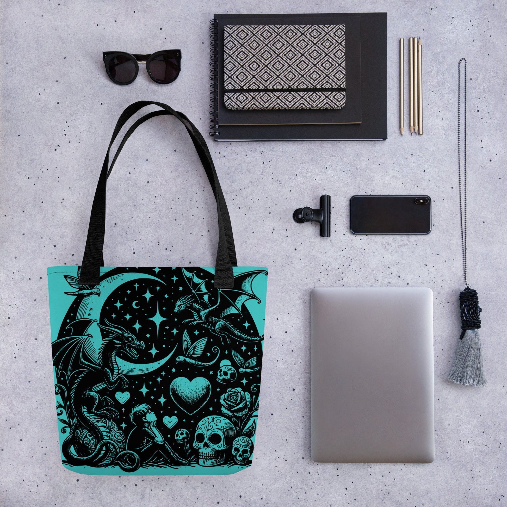 AQUA Gothic Grunge Pastel Goth Moon Gazer Tote Bag, Ventcore Darkcore Weird Stuff Dark Aesthetic Tote Bag