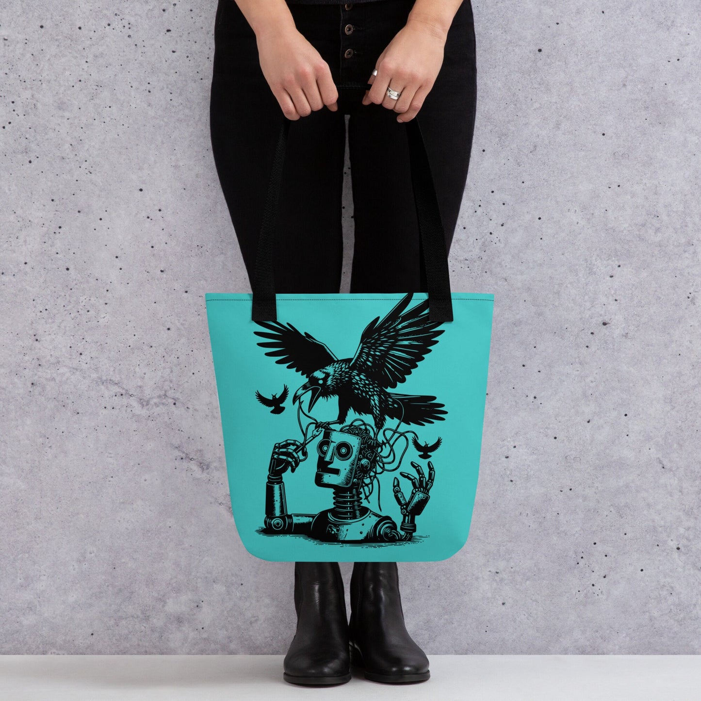 AQUA Pastel Goth Grunge Punk Ravens Against The Machine Robot Tote Bag Animal vs Tech Gothic DreamSage Tote Bag