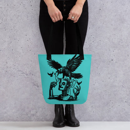 AQUA Pastel Goth Grunge Punk Ravens Against The Machine Robot Tote Bag Animal vs Tech Gothic DreamSage Tote Bag
