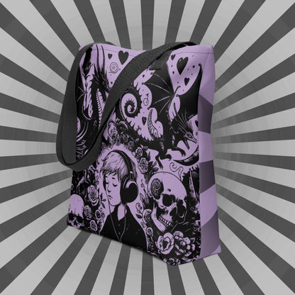 PURPLE Gothic Grunge Pastel Goth Drowning Out The Demons Tote Bag, Ventcore Darkcore Weird Stuff Dark Aesthetic Tote Bag