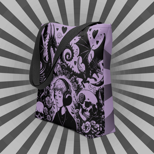PURPLE Gothic Grunge Pastel Goth Drowning Out The Demons Tote Bag, Ventcore Darkcore Weird Stuff Dark Aesthetic Tote Bag