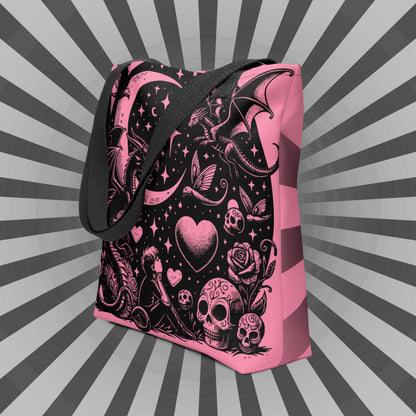 PINK Gothic Grunge Pastel Goth Moon Gazer Tote Bag, Ventcore Darkcore Weird Stuff Dark Aesthetic Tote Bag