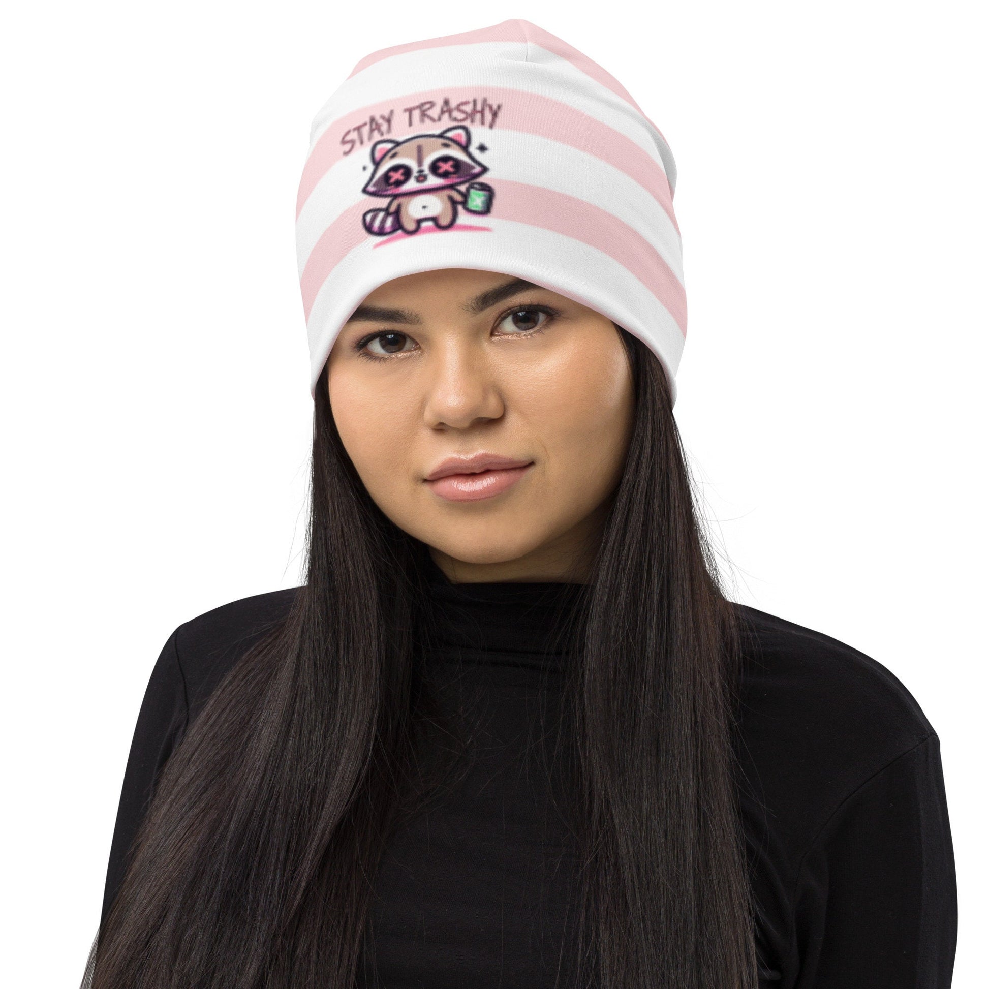 Weirdcore Pastel Goth Grunge Raccoon Striped Beanie, Stay Trashy Oddcore Beanie Hat