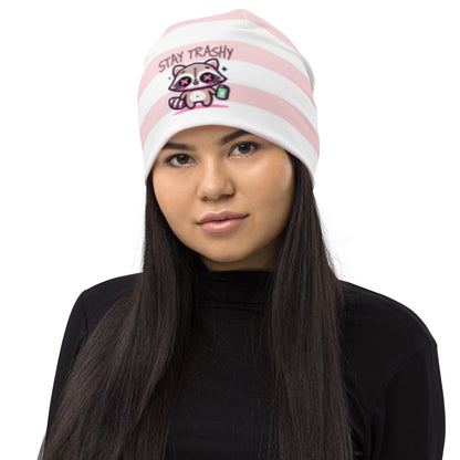 Weirdcore Pastel Goth Grunge Raccoon Striped Beanie, Stay Trashy Oddcore Beanie Hat